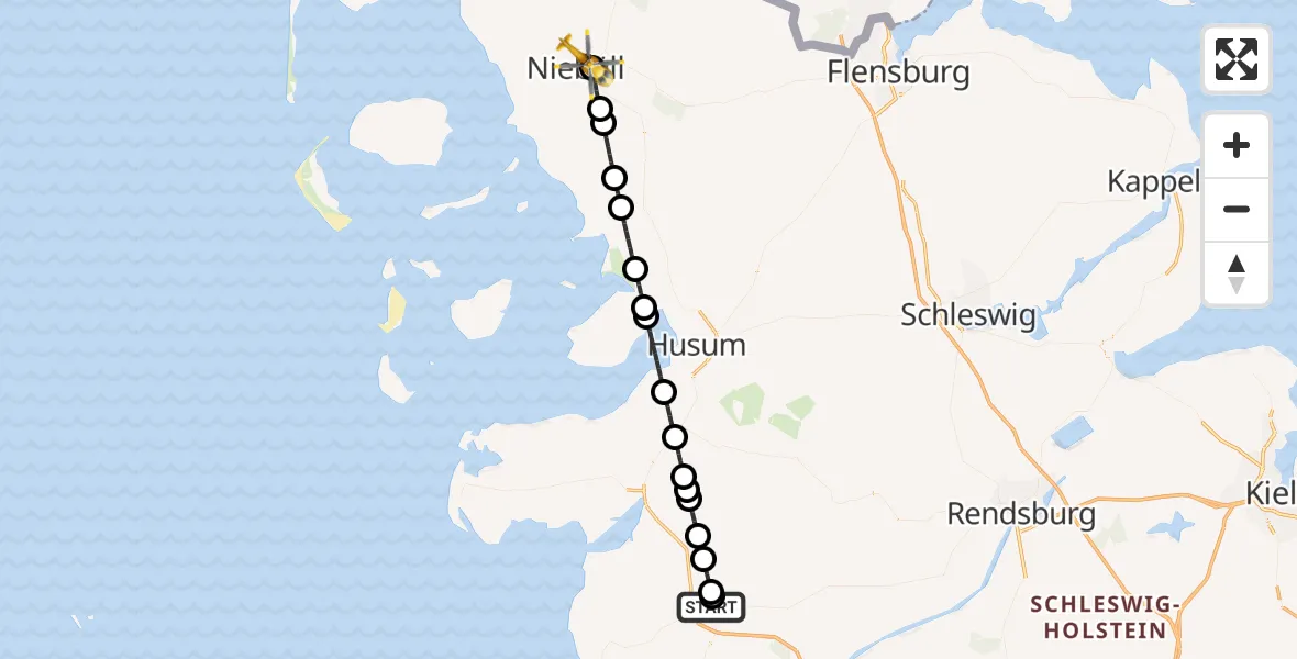 Flugroute Ambulanzhubschrauber Heide - Niebüll, 13 Juli 2026, 22:10