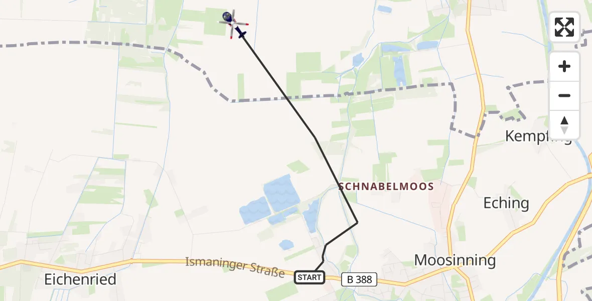 Flugroute Polizeihubschrauber Moosinning - Oberding, 13 Juli 2026, 22:35