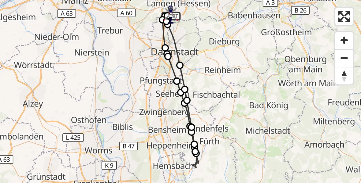 Flugroute Polizeihubschrauber Flughafen Frankfurt-Egelsbach - Flughafen Frankfurt-Egelsbach, 13 Juli 2026, 22:39