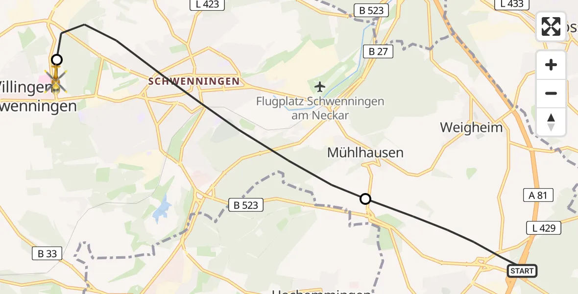 Flugroute Ambulanzhubschrauber Tuningen - DRF Air Rescue Station Villingen-Schwenningen Hubschrauberlandeplatz (Christoph 11), 13 Juli 2026, 22:40