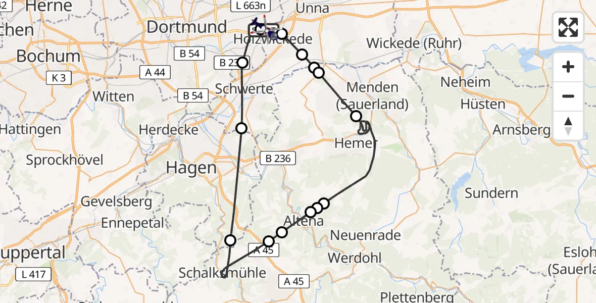 Flugroute Polizeihubschrauber Dortmund Flughafen - Dortmund Flughafen, 13 Juli 2026, 22:46
