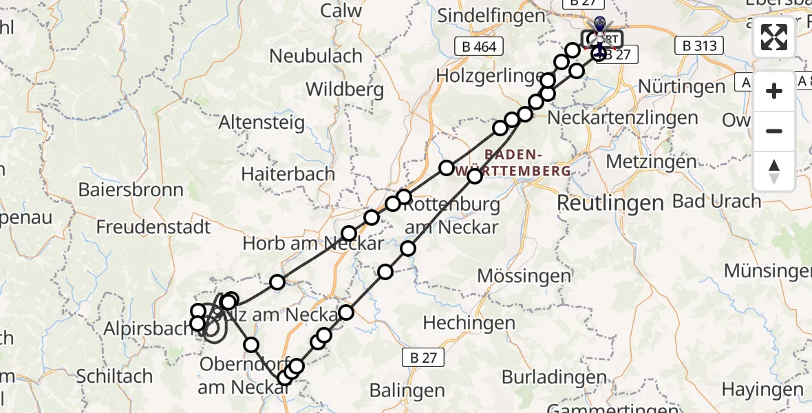 Flugroute Polizeihubschrauber Flughafen Stuttgart - Flughafen Stuttgart, 13 Juli 2026, 23:01