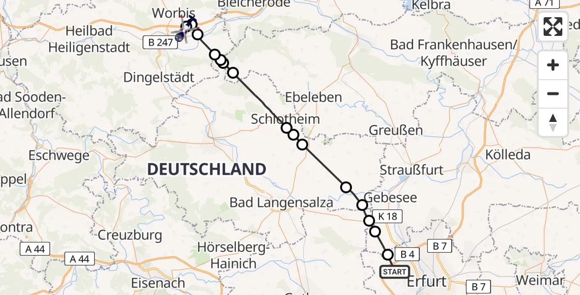 Flugroute Polizeihubschrauber Erfurt - Gernrode, 13 Juli 2026, 23:30