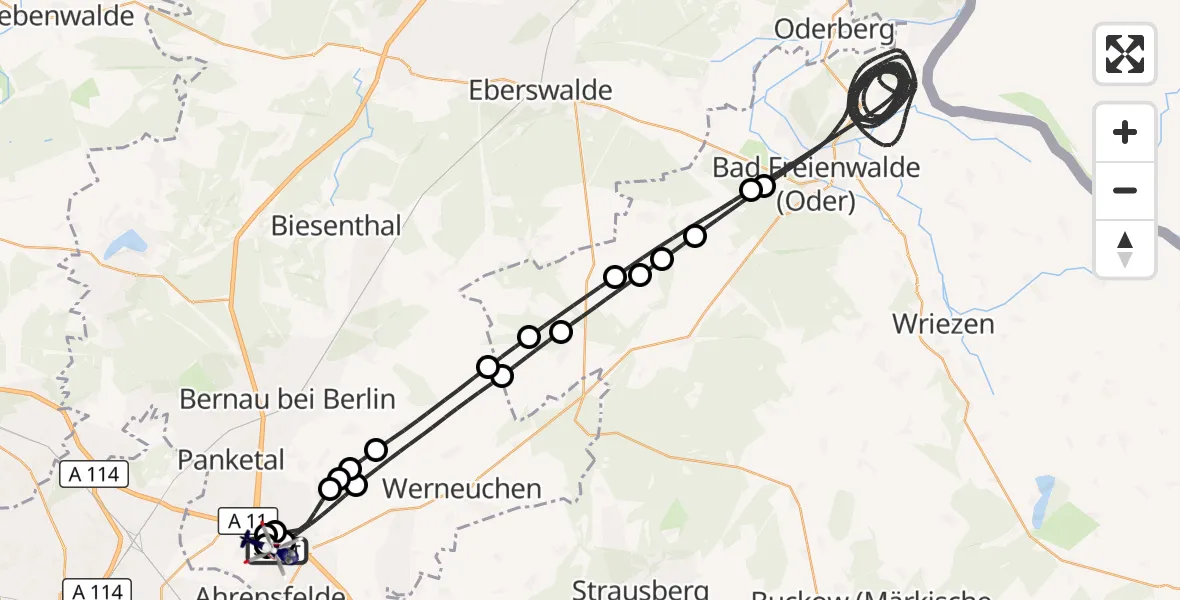 Flugroute Polizeihubschrauber Ahrensfelde Hubschrauberlandeplatz - Ahrensfelde Hubschrauberlandeplatz, 13 Juli 2026, 23:34