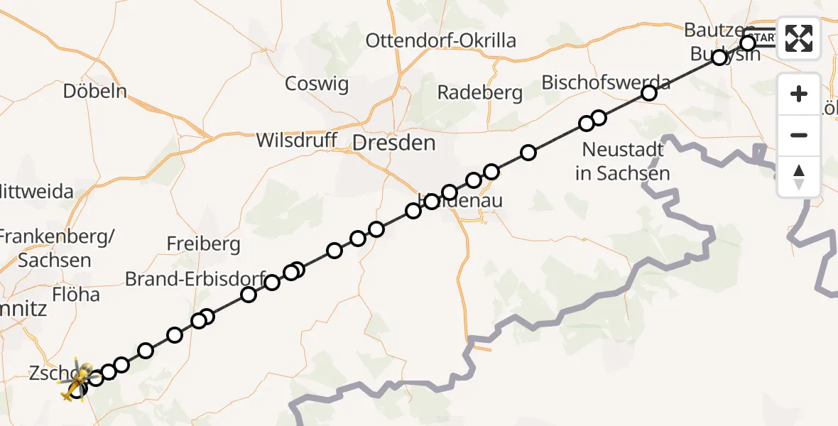 Flugroute Rettungshubschrauber Kubschütz - Zschopau, 13 Juli 2026, 23:44