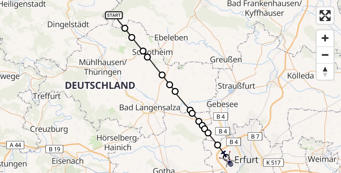 Flugroute Polizeihubschrauber Helbedündorf - Erfurt-Weimar Flughafen, 14 Juli 2026, 00:34