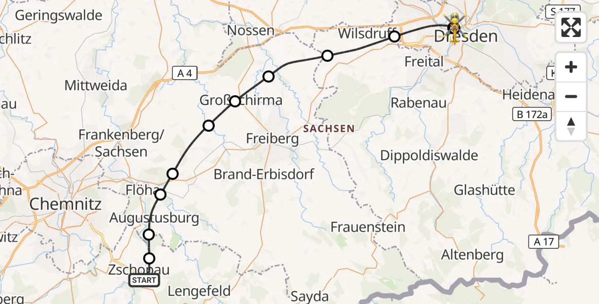 Flugroute Rettungshubschrauber Zschopau - Dresden Friedrichstadt Hospital, 14 Juli 2026, 00:48