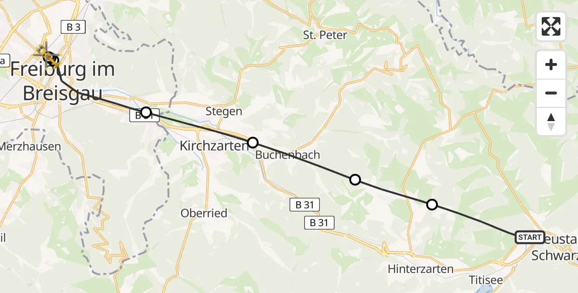 Flugroute Ambulanzhubschrauber Titisee-Neustadt - Freiburg University Hospital Heliport 1, 14 Juli 2026, 01:06