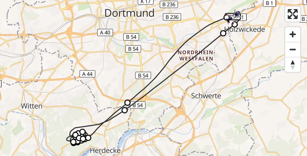 Flugroute Polizeihubschrauber Dortmund Flughafen - Dortmund Flughafen, 14 Juli 2026, 01:12