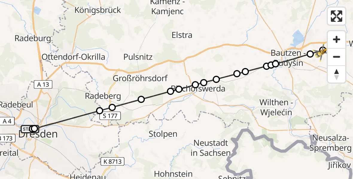 Flugroute Rettungshubschrauber Dresden Friedrichstadt Hospital - Bautzen Flugplatz, 14 Juli 2026, 01:29