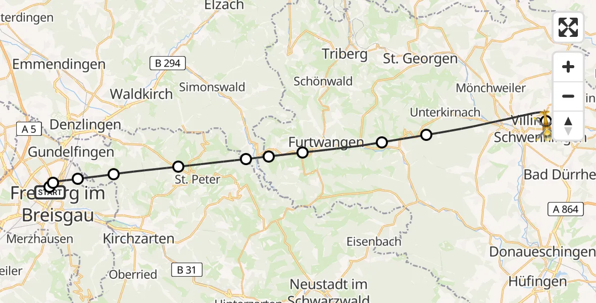 Flugroute Ambulanzhubschrauber Freiburg University Hospital Heliport 1 - DRF Air Rescue Station Villingen-Schwenningen Hubschrauberlandeplatz (Christoph 11), 14 Juli 2026, 01:38