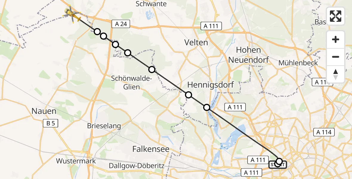 Flugroute Rettungshubschrauber Charité Clinic Virchow Campus - Nauen, 14 Juli 2026, 01:44