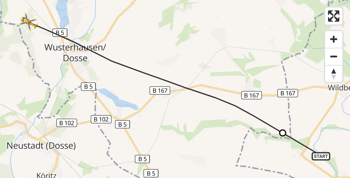 Flugroute Rettungshubschrauber Temnitztal - Wusterhausen/Dosse, 14 Juli 2026, 02:26