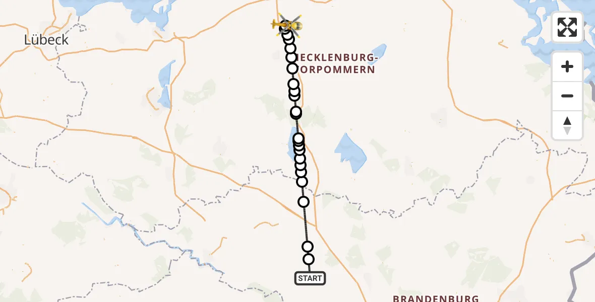 Flugroute Rettungshubschrauber Kyritz - Flughafen Rostock-Laage, 14 Juli 2026, 02:54