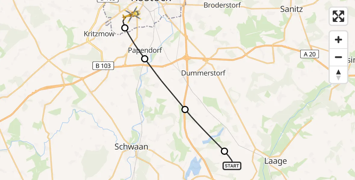Flugroute Rettungshubschrauber Flughafen Rostock-Laage - Rostock, 14 Juli 2026, 03:38