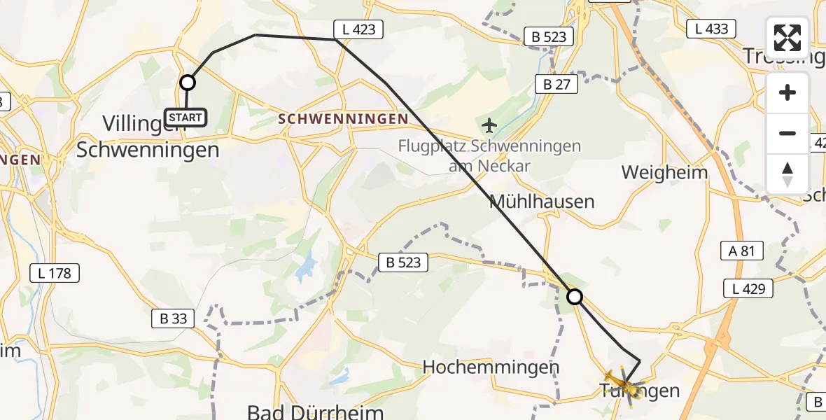 Flugroute Ambulanzhubschrauber DRF Air Rescue Station Villingen-Schwenningen Hubschrauberlandeplatz (Christoph 11) - Tuningen, 14 Juli 2026, 04:53