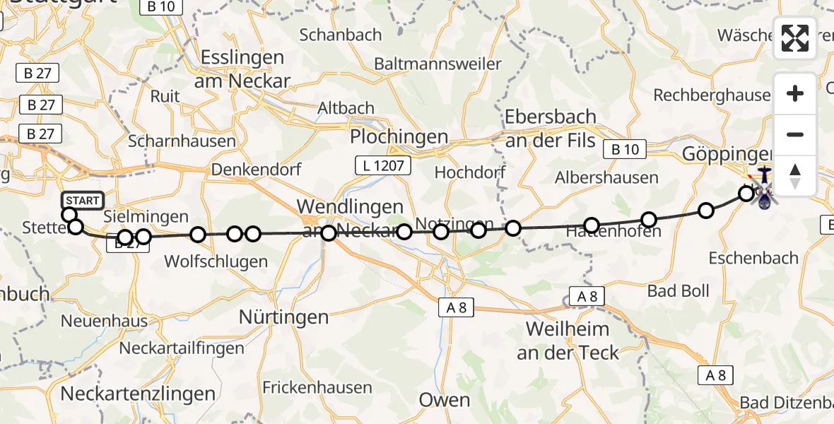 Flugroute Polizeihubschrauber Flughafen Stuttgart - Göppingen, 14 Juli 2026, 05:05