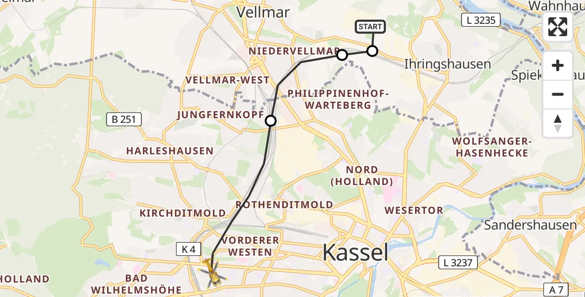 Flugroute Rettungshubschrauber Fuldatal Bundespolizei Hubschrauberlandeplatz - Kassel, 14 Juli 2026, 05:06