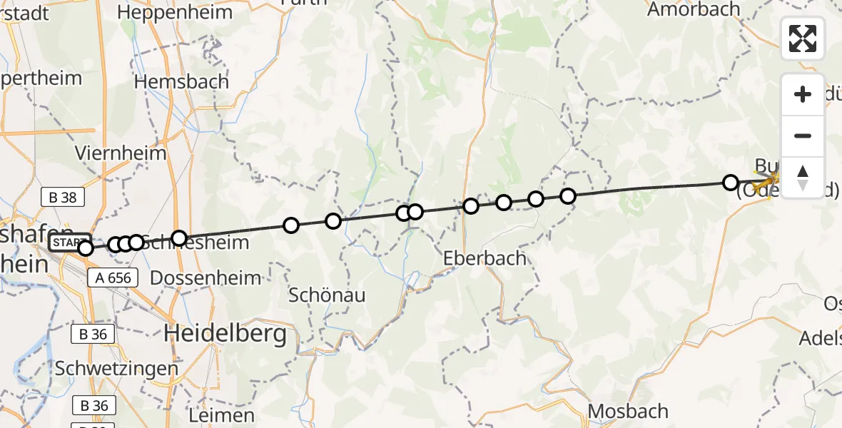 Flugroute Rettungshubschrauber Mannheim-City Flughafen - Buchen (Odenwald), 14 Juli 2026, 05:08