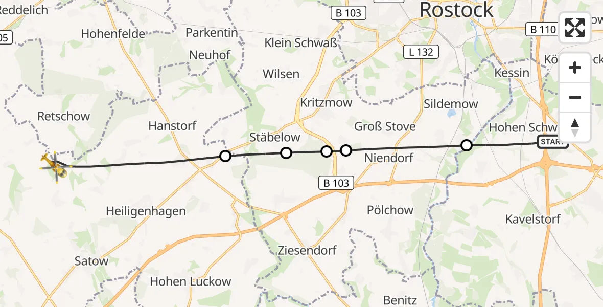 Flugroute Ambulanzhubschrauber Dummerstorf - Satow, 14 Juli 2026, 05:11
