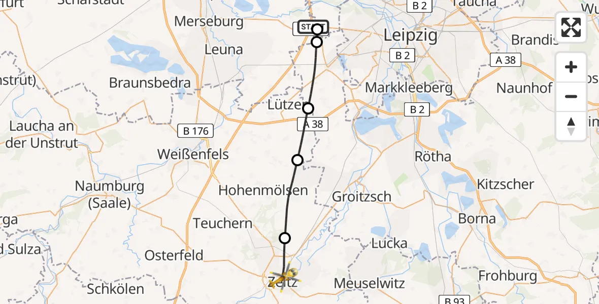 Flugroute Rettungshubschrauber ADAC Air Rescue Station Leipzig/Schkeuditz-Dölzig Hubschrauberlandeplatz (Christoph 61) - Zeitz, 14 Juli 2026, 05:24