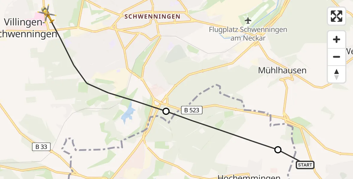 Flugroute Ambulanzhubschrauber Tuningen - DRF Air Rescue Station Villingen-Schwenningen Hubschrauberlandeplatz (Christoph 11), 14 Juli 2026, 05:28