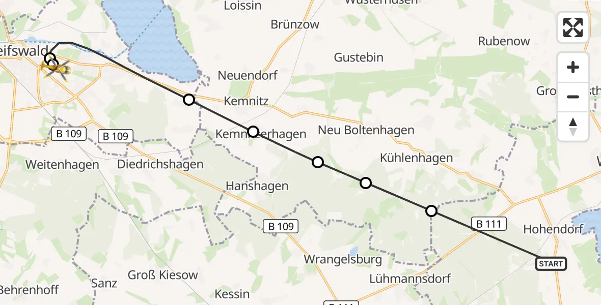 Flugroute Rettungshubschrauber Wolgast - Greifswald Hospital, 14 Juli 2026, 05:40