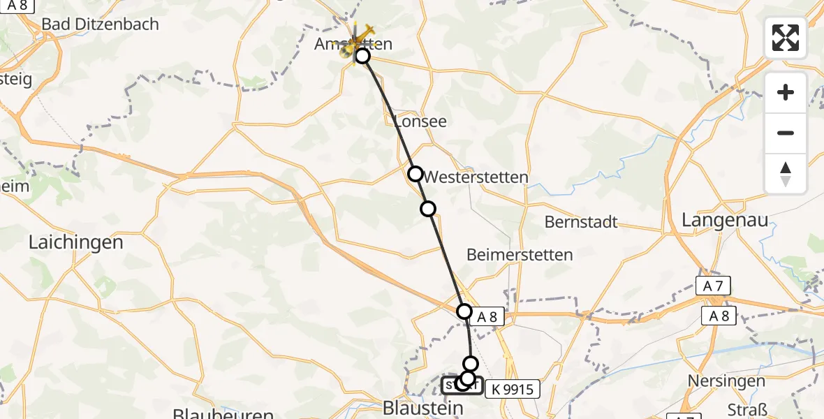 Flugroute Rettungshubschrauber Ulm Military Hospital Emergency - Amstetten, 14 Juli 2026, 05:43