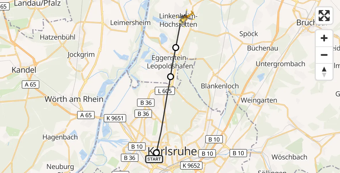 Flugroute Ambulanzhubschrauber Sankt Vincentius Hospital - Linkenheim-Hochstetten, 14 Juli 2026, 05:51