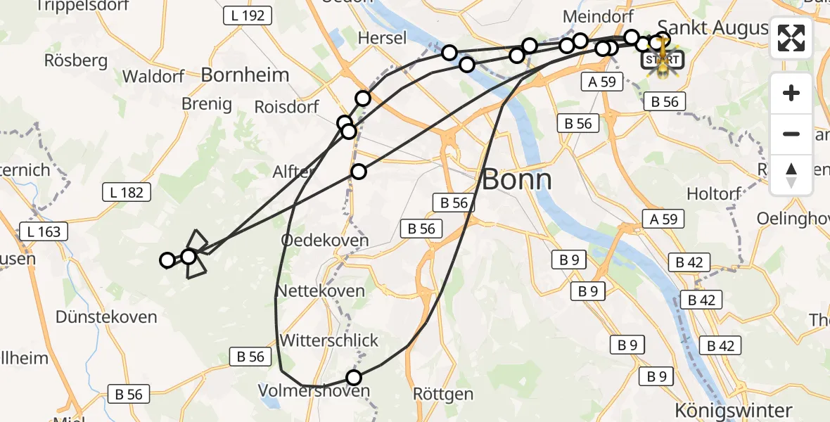 Flugroute Rettungshubschrauber Bonn-Hangelar Flugplatz - Bonn-Hangelar Flugplatz, 14 Juli 2026, 05:59