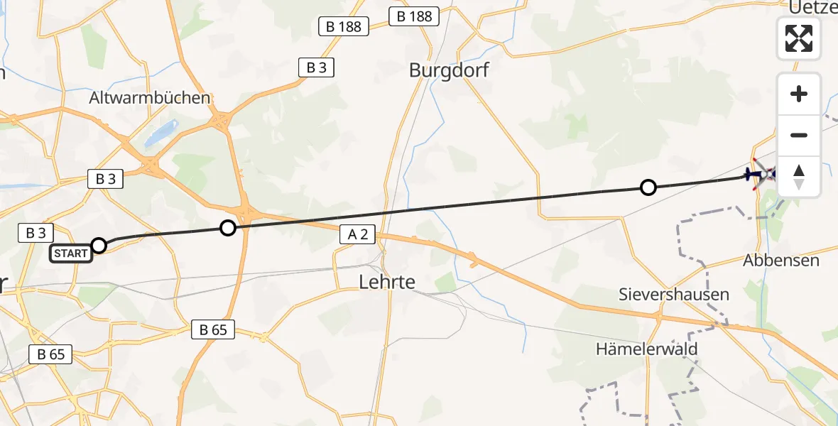 Flugroute Polizeihubschrauber Hannover Luftrettung Hubschrauberlandeplatz (Christoph 4) - Uetze, 14 Juli 2026, 06:09