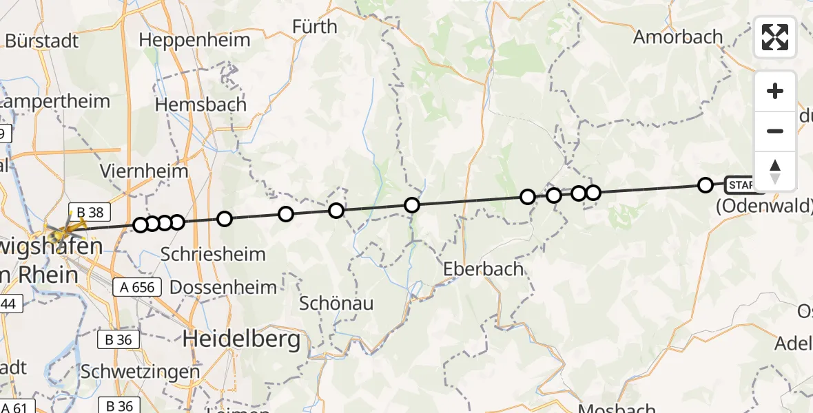 Flugroute Rettungshubschrauber Buchen (Odenwald) - Mannheim, 14 Juli 2026, 06:12