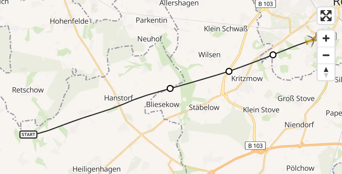 Flugroute Ambulanzhubschrauber Satow - Rostock, 14 Juli 2026, 06:22