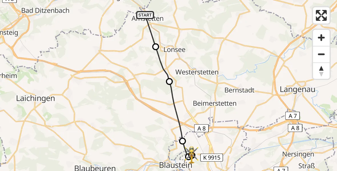 Flugroute Rettungshubschrauber Amstetten - ADAC Air Rescue Station Ulm (Christoph 22), 14 Juli 2026, 06:26