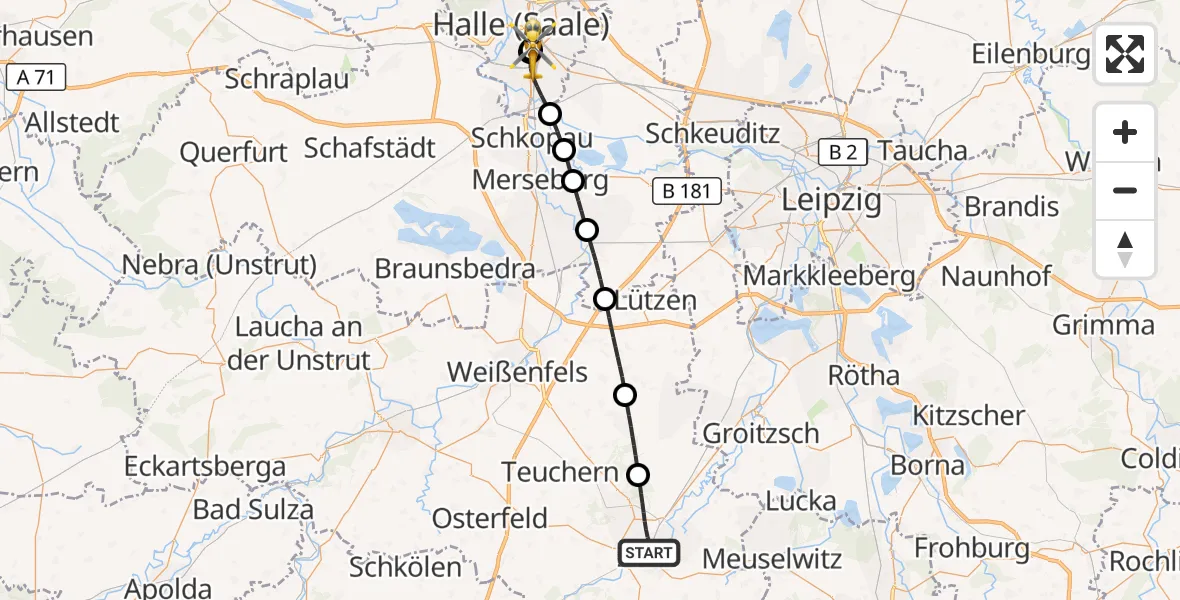 Flugroute Rettungshubschrauber Zeitz - BG Hospital Bergmannstrost Halle, 14 Juli 2026, 06:32