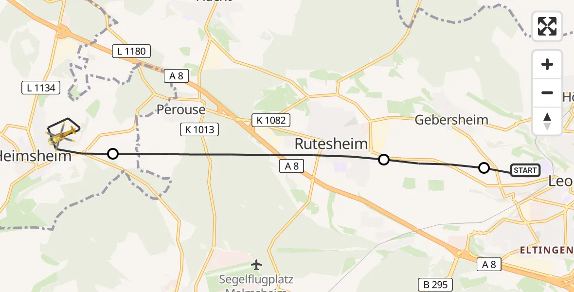 Flugroute Rettungshubschrauber Leonberg Hospital - Heimsheim, 14 Juli 2026, 06:37