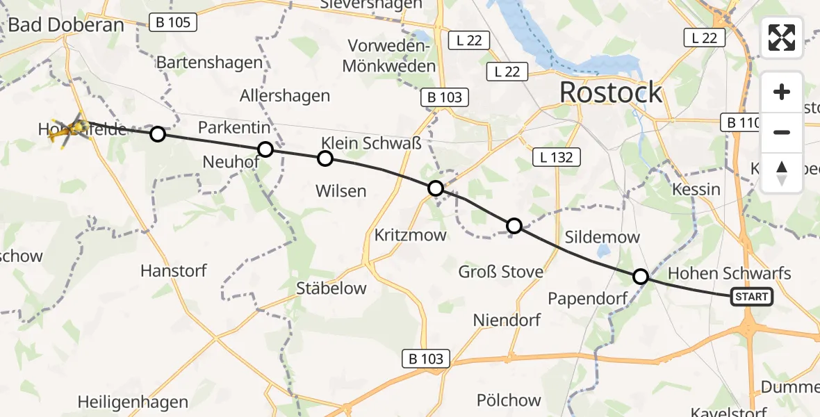 Flugroute Ambulanzhubschrauber Dummerstorf - Hohenfelde, 14 Juli 2026, 06:41