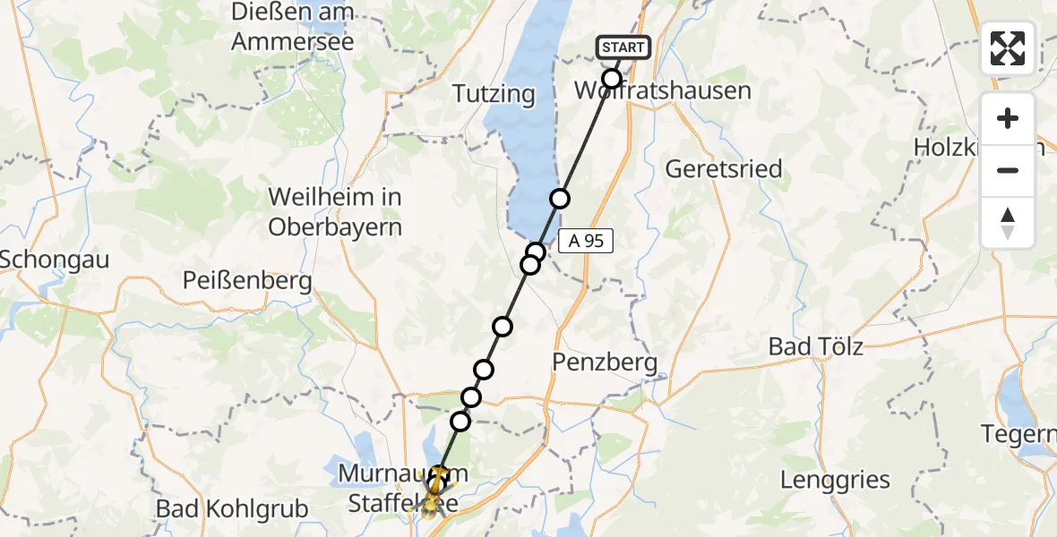 Flugroute Rettungshubschrauber Berg - Riegsee, 14 Juli 2026, 06:42
