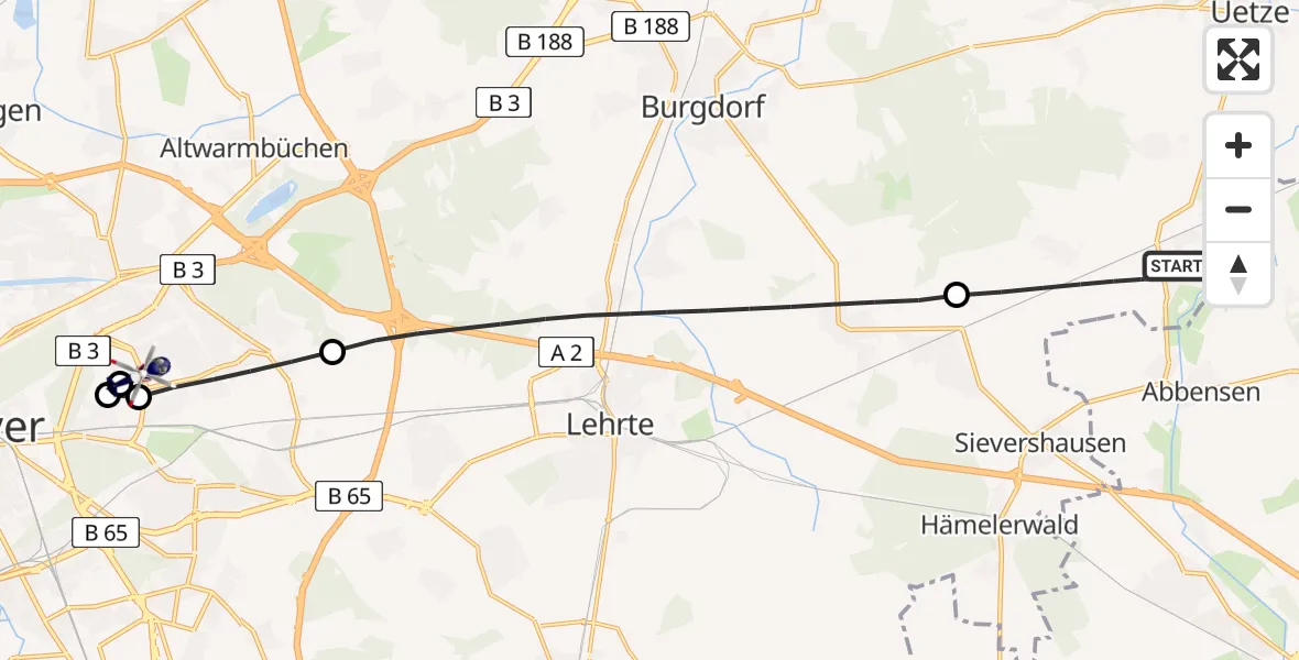 Flugroute Polizeihubschrauber Uetze - Hannover Luftrettung Hubschrauberlandeplatz (Christoph 4), 14 Juli 2026, 06:49