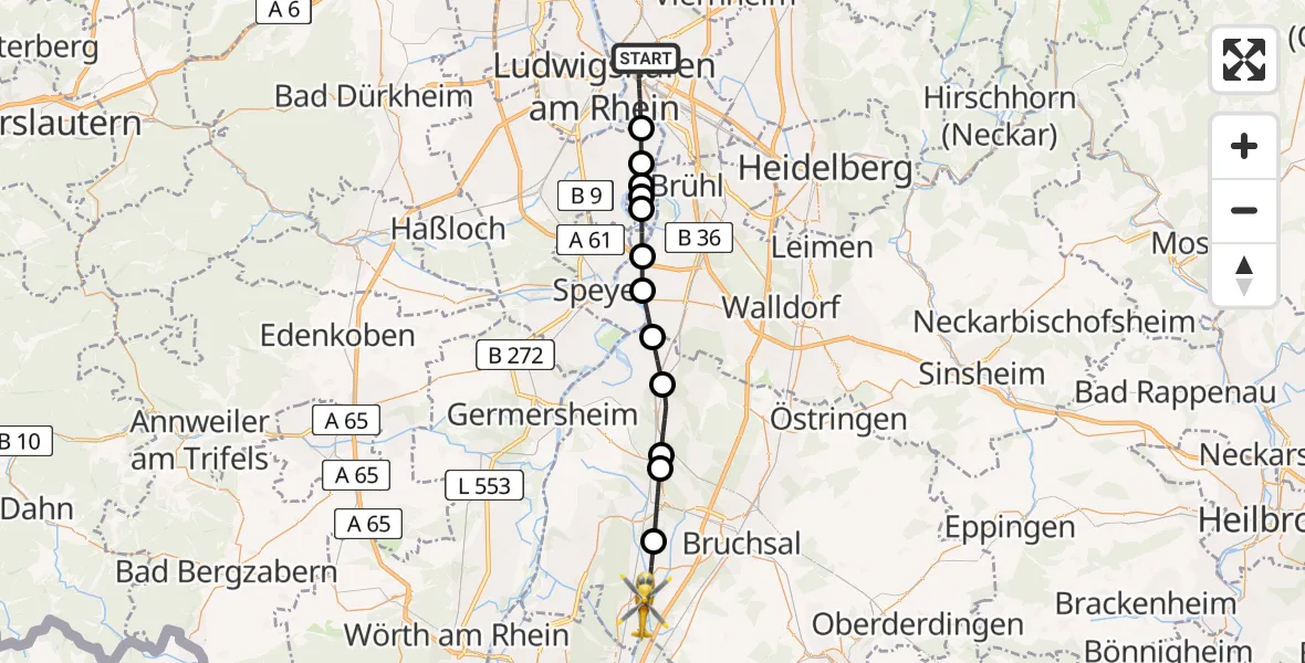 Flugroute Rettungshubschrauber Mannheim - Stutensee, 14 Juli 2026, 06:50