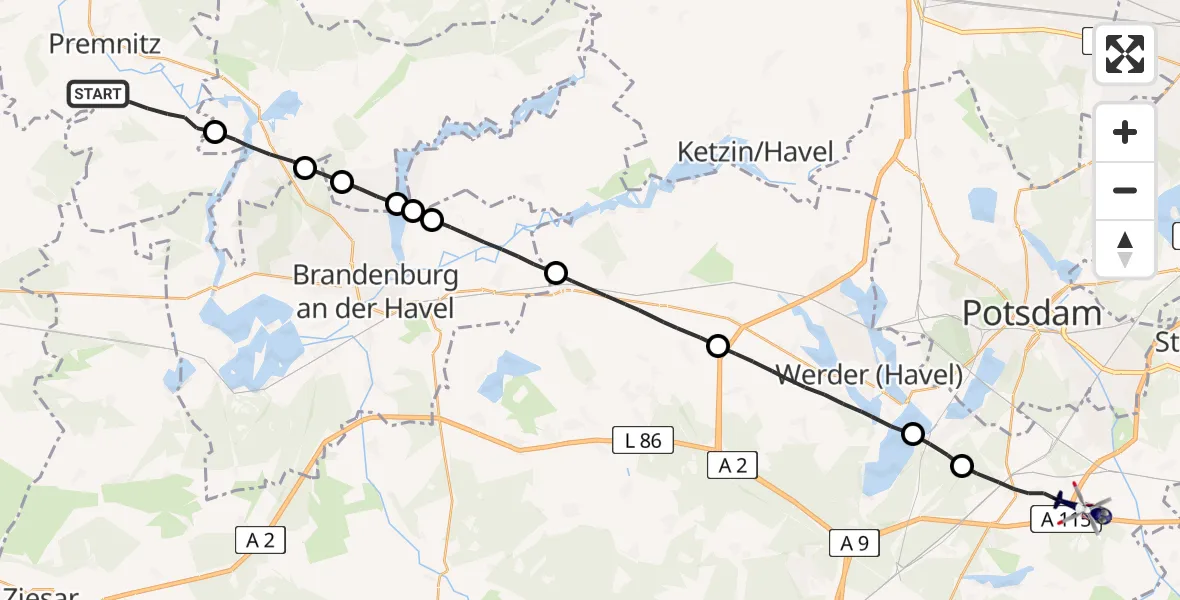 Flugroute Polizeihubschrauber Milower Land - Saarmund Flugplatz, 14 Juli 2026, 06:56