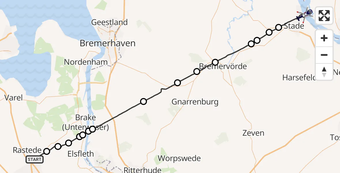 Flugroute Polizeihubschrauber Rastede - Stade, 14 Juli 2026, 06:58