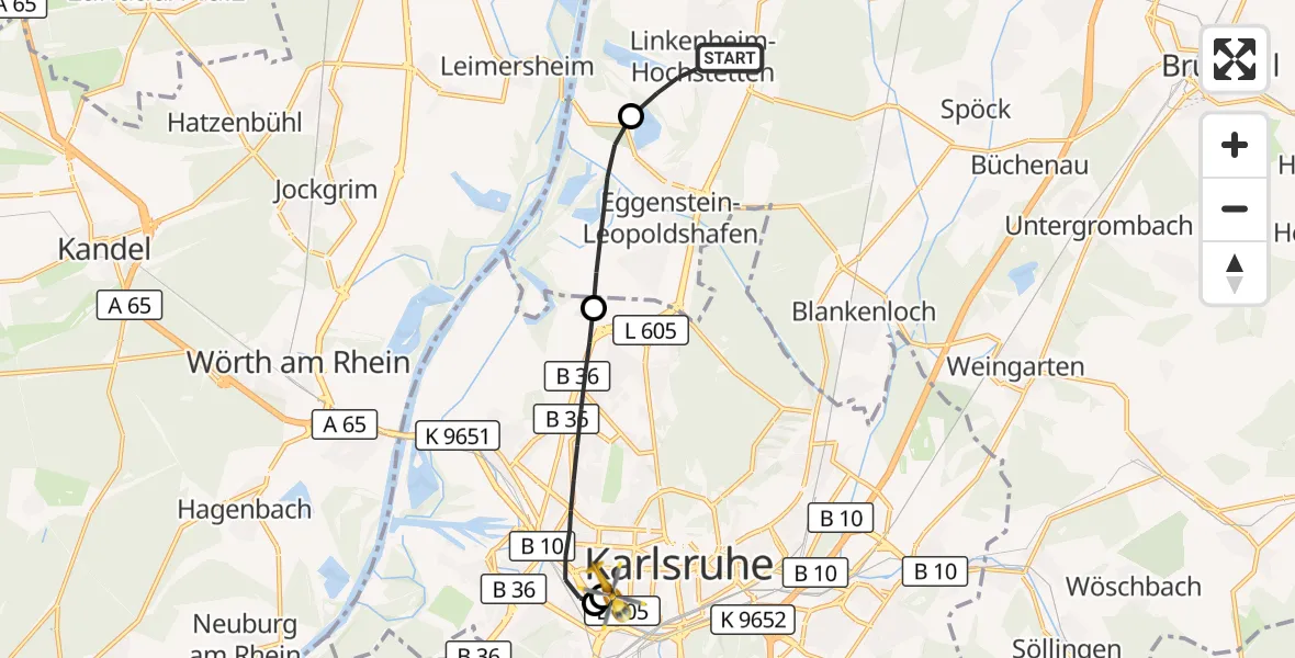 Flugroute Ambulanzhubschrauber Linkenheim-Hochstetten - Sankt Vincentius Hospital, 14 Juli 2026, 07:00