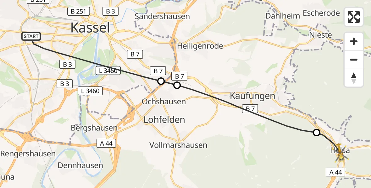 Flugroute Rettungshubschrauber Kassel - Helsa, 14 Juli 2026, 07:05