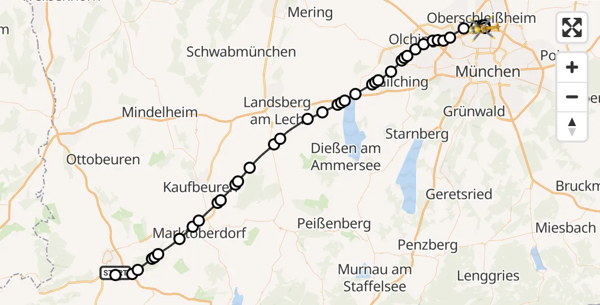 Flugroute Rettungshubschrauber Kempten-Durach Flugplatz - Oberschleißheim, 14 Juli 2026, 07:06