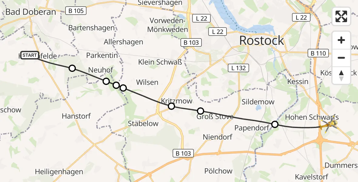 Flugroute Ambulanzhubschrauber Hohenfelde - Dummerstorf, 14 Juli 2026, 07:15