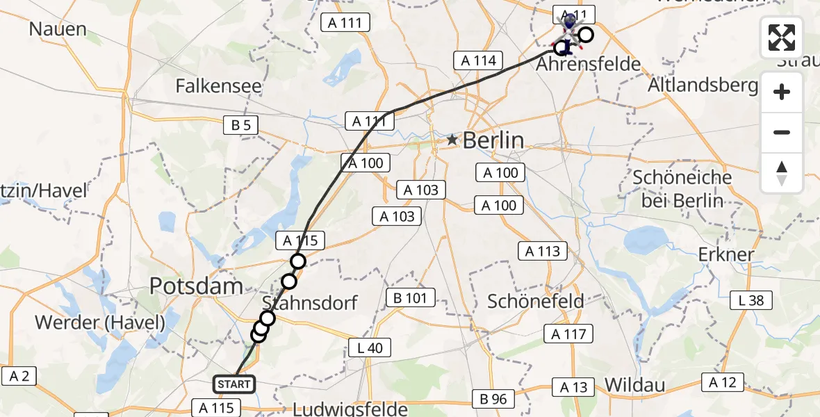 Flugroute Polizeihubschrauber Nuthetal - Ahrensfelde, 14 Juli 2026, 07:17