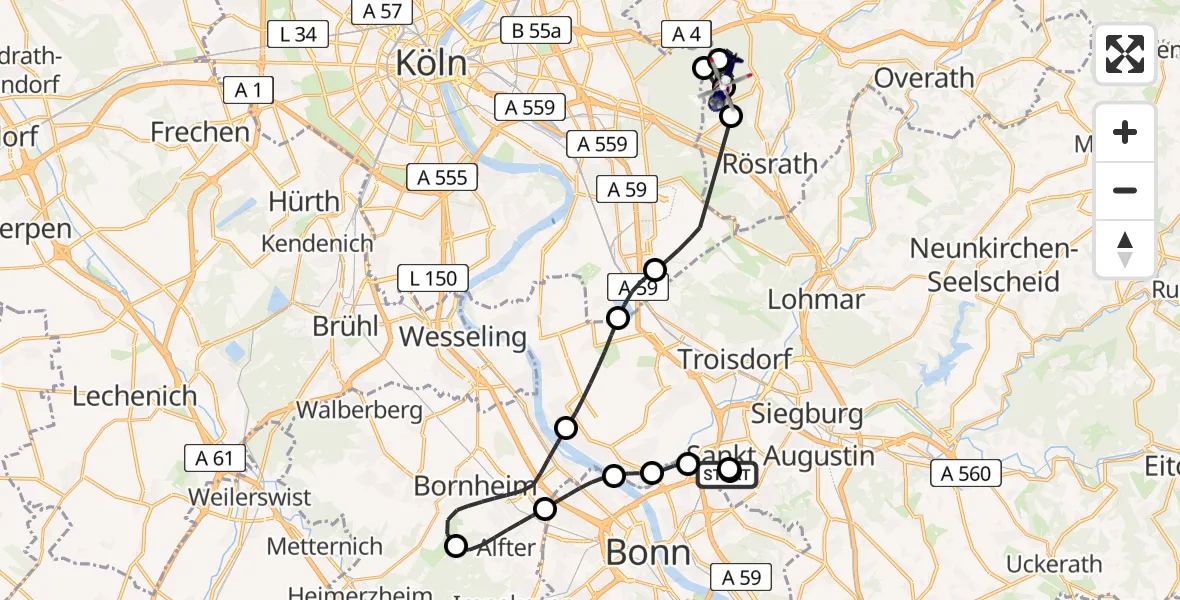 Flugroute Polizeihubschrauber Sankt Augustin - Bergisch Gladbach, 14 Juli 2026, 07:20