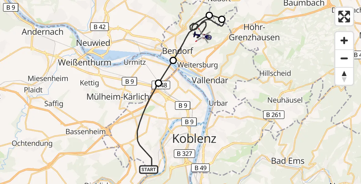 Flugroute Polizeihubschrauber Koblenz - Bendorf, 14 Juli 2026, 07:20