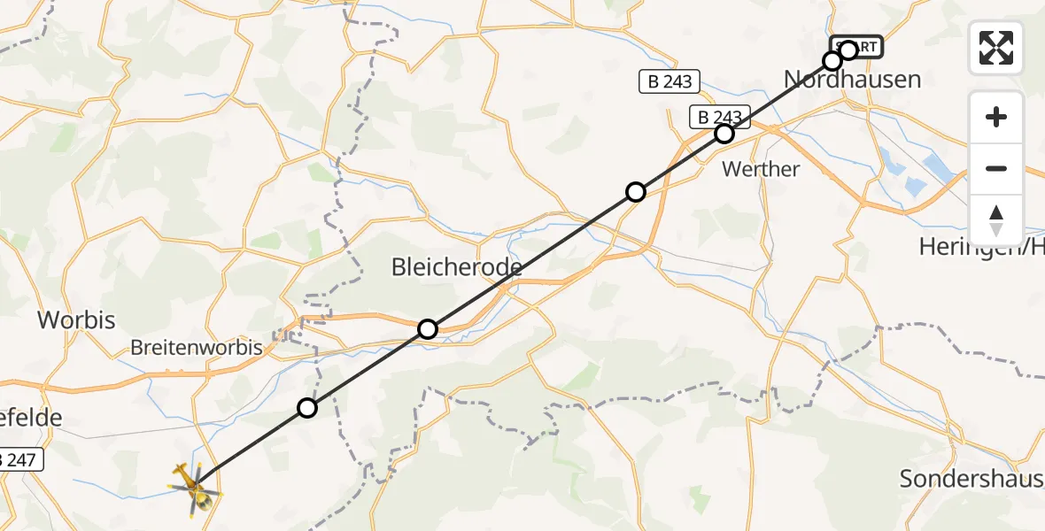 Flugroute Rettungshubschrauber Südharz Hospital Nordhausen - Niederorschel, 14 Juli 2026, 07:20